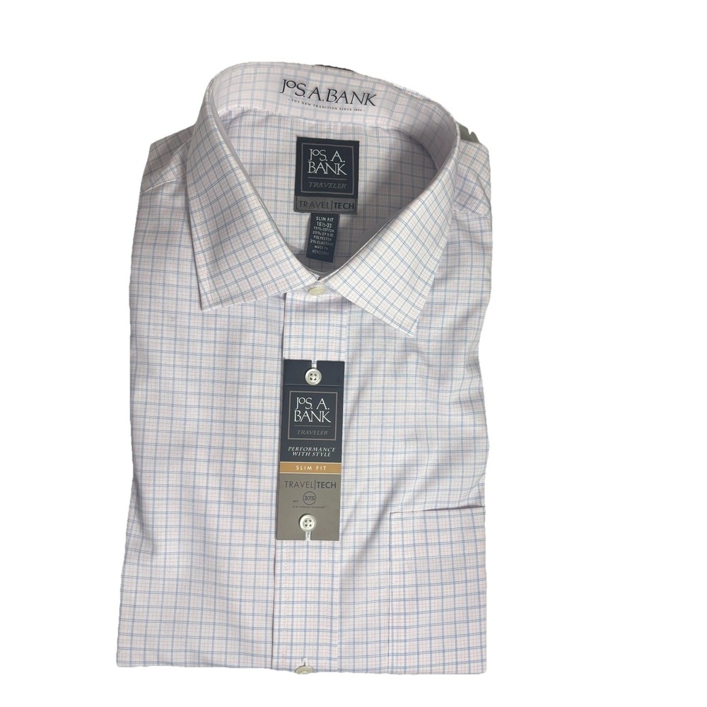 NWT Jos A Bank Travelers Dress Shirt 16.5 - 33 Slim Fit Stretch Blue Pink Plaid